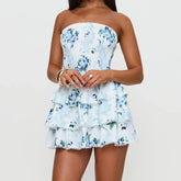 BXOXO Women Y2K Strapless Short Dress Backless Tube Ruched Ruffle Mini Dress Floral Flowy Sleeveless Bodycon Sundress