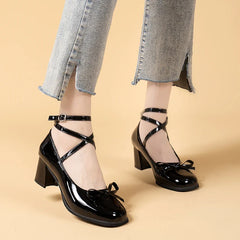 BXOXO Black Retro Cross-Tie Pumps Casual Summer Round Toe Shoes Ladies Sweet Fashion Shoes Woman Bow Design