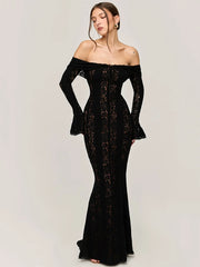 BXOXO Lace Off-shoulder Sexy Maxi Dress Women Strapless Backless Long Sleeve Bodycon Evening Club Party Long Dress Elegant