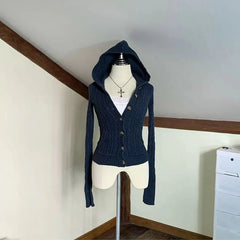 Bxoxo American Navy Blue Knitted Hooded Cardigan Y2K Fashion Slim Casual Buttons Sweater Jacket Female Long Sleeve All-Match Sweaters