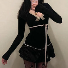 BXOXO Y2K Lace Patchwork Top Contrast Color Women Autumn Spring Ribbon Lace-up Bow Coquette T-shirts Cute Causal Basics Tees