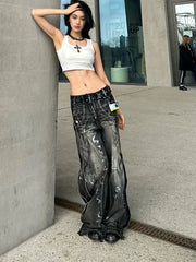 Bxoxo American Retro Hip-hop Jeans Women Street Style Trend Tie-dye Loose Straight Pants Washed Distressed Denim Trouser