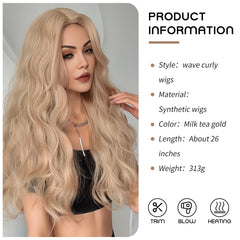 BXOXO Golden Curly Wave No Bangs Wigs 26 Inch Fiber Synthetic Heat-resistant Deep Wave Wig Party or Selfie