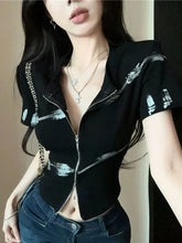 Bxoxo Harajuku Y2K T Shirt Women Slim Sexy Cropped Double Zipper Vintage Tees Streetwear Vintage American Casual O Neck Lady Tops