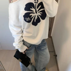 Bxoxo Vintage Elegant Off Shoulder Sweater Women Sexy White Knitwear Long Sleeve Jumper Slash Neck Loose Harajuku Pullovers