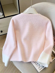 Bxoxo Faux Mink Cashmere Sweet Cardigan Women Long Sleeve O Neck Elegant Knitted Sweaters Korean Fall Winter Fashion Soft Pockets Tops