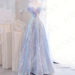 BXOXO Purple Princess Off Shoulder Prom Dress 프롬드레스 Luxury Sequin Tulle Formal Evening Dresses Long Sweetheart Neck Lace-up Back Women