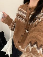 Bxoxo Fair Isle Sweater Cardigan Women Long Sleeve Button-Up Crewneck Knitted Jacket Cardi Female Knitwear Fall Winter Vintage Outfit