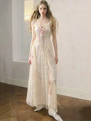 Bxoxo Elegant Lace Patchwork Camis Dress Women Summer Sexy Backless Hollow Out Midi Dress Y2K Fashion Lace Up Streetwear Vestidos