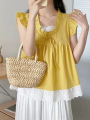 BXOXO Sweet Lace Patchwork Tanks Women Loose Flying Sleeve Elegant Tanks Tops Vintage Casual Female Korean Summer Retro Tops New