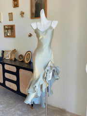 BXOXO Elegant Spaghetti Straps Sweetheart Vintage Grey Prom Dress with Irregular Ruffles Evening Birthday Party Dress Robe Soir