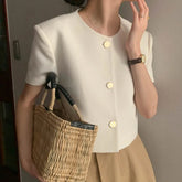 Bxoxo Korean Chic Short Sleeve Jacket Women Summer Fashion Single Breasted O Neck Coats Y2K Solid All-Match Ladies Short Jackets