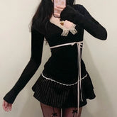 Bxoxo Fairy Grunge Top y2k Women Clothes Lace Trim V Neck Long Sleeve T Shirt with Bow Coquette Clothing 2000s Streetwear