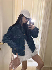 Bxoxo Vintage Stand Collar Denim Jacket Women Autumn Loose Streetwear Single Breasted Coats Y2K Korean Chic Long Sleeve Casual Outwear