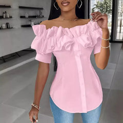 BXOXO Sexy One-piece Collar Slim White Shirt And Blouses Women's Summer Short Sleeve Fashion Ruffle Button Cardigan Female Shirts Top