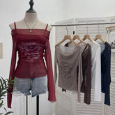 Bxoxo Sexy Slash Neck Mesh Sunscreen T Shirt Y2K Streetwear Print Long Sleeve Patchwork Camis Suit Fashion Folds Slim All Match Tees