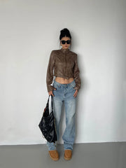 BXOXO Stand Collar Jacket Leather Short Coat Women Autumn New Straight Tube Slim Short Motorcycle Jacket Korean Sweet