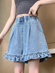 BXOXO M-6XL Plus Size Denim Shorts Women 2024 Summer Korean Fashion Ruffles All Match High Waist Short Pants Jeans Female