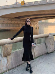 Bxoxo Fashion Turtleneck Black Midi Dress Y2K Korean Elegant Hepburn Style Slim Fishtail Dress Autumn Office Lady Long Sleeve Vestidos