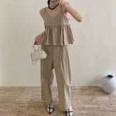 Bxoxo Chic Summer V-ne Casual Wide-leg Pants Set with Pleated Top + High-waist Faionable Women's Ensemble