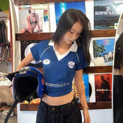 Bxoxo Vintage Letter Graphic Print V Neck Women T-Shirts Short Sleeve American Sporty Style Crop Tees Slim Streetwear Gyaru