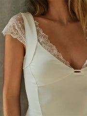 Bxoxo Vintage Women T-shirts V Neck Short Sleeve Backless Lace Patchwork Tops Summer Party Slim Fit Tees Streetwear