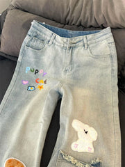 Bxoxo Y2K American Cartoon Print Women Jeans High Waist Streetwear Loose Wide Leg Pants Harajuku Kawaii Embroidered Denim Trousers