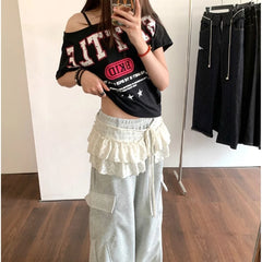 Bxoxo Korean Style Mini Skirts Women Harajuku Sweet Lace Up Short Skirts Cute High Waist Y2k Streetwear Black Ruffle Skirt