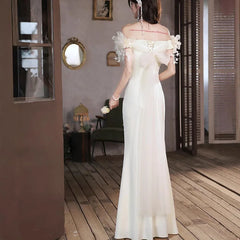BXOXO Beige white light luxury fairy evening dress new line shoulder waist fish tail banquet evening dress