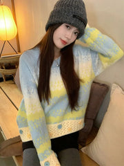 Bxoxo Hole Y2K Gradient Striped Sweater Women Vintage Preppy Style Long Sleeve Knitted Pullovers Casual O Neck Buttons Sweet Jumper