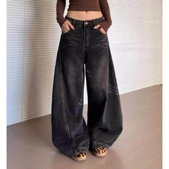 Bxoxo Vintage Washed Black Women's Jeans Wide Leg American Style High Waist Baggy Denim Pants Casual Straight Trousers New