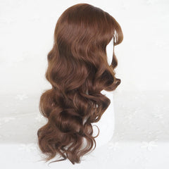 BXOXO Long Wavy Brown Wig with Bangs Synthetic Women Lolita Cosplay Fluffy Natural Heat Resistant Hair Wig for Daily Party
