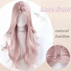 BXOXO Pink Wig for Women Long Wavy Cosplay Wigs Natural Soft Sweet Synthetic Wig for Daily Use School Life Lolita Wig Pink