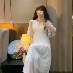 Bxoxo Female White Lace Long Nightgown Sleepwear Retro Palace Style Princess Nightdress Bath Robe Summer Loose Home Dress Nightwear