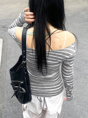 Bxoxo Japanese Basic Slim Long Sleeve Stripe Tee Off Shoulder O Neck Korean Street Style Spring Autumn Y2K Gray T Shirt Women