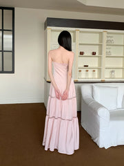 Bxoxo Pink Satin Backless Maxi Dress For Woman Shirring Beading A Line Long Tube Dress 2025 Summer Vacation Clothes