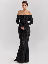 BXOXO Lace Off-shoulder Sexy Maxi Dress Women Strapless Backless Long Sleeve Bodycon Evening Club Party Long Dress Elegant