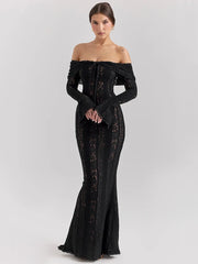 BXOXO Lace Off-shoulder Sexy Maxi Dress Women Strapless Backless Long Sleeve Bodycon Evening Club Party Long Dress Elegant