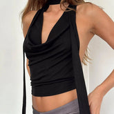 BXOXO Women Tank Tops Solid Color Halter Neck Strappy Cowl Neck Casual Vests Summer Fashion Sleeveless Tops Streetwear