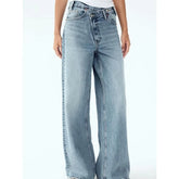 Bxoxo Vintage Basic Irregular Women Jeans Washed Wide Leg Straight Denim Pants Baggy High Waist Asymmetrical Trousers Casual