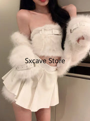 BXOXO Sexy 3 Piece Skirt Set Women Casual Long Sleeve Coat + Bodycon Tube Tops + Sweet Mini Skirt Evening Party Clothing Autumn