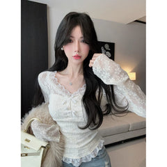 Bxoxo Sexy Lace Patchwork Women T Shirt Women Korean Chic V Neck Slim Cropped Tops Y2K Female Solid Sweet Bow Bottoming Tees