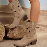 BXOXO Women's Summer Retro Round Toe Chunky Heels Vegan Suede Western Boots with Hollow Design and Rivets Cowboy Boots Shoes