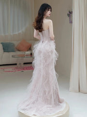 BXOXO Pink Shiny Strapless Celebrity Dresses Bead Sleeveless Off Shoulder Tulle Elegant Light Luxury Mermaid Toast Prom Evening Gowns