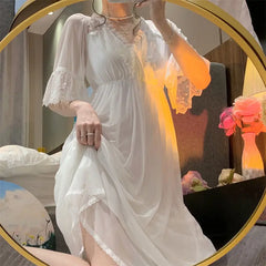 Bxoxo Female White Lace Long Nightgown Sleepwear Retro Palace Style Princess Nightdress Bath Robe Summer Loose Home Dress Nightwear