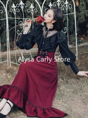 BXOXO Vintage Gothic Two Piece Dress Sets Women Black Lace Ruffle Blouse + Lace-up Midi Skirt Winter Court Retro Casual Suits Y2k