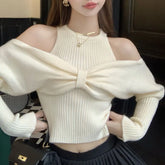 Bxoxo Sexy Off Shoulder Sweater Women Christmas Elegant Manners Bow Solid Two Piece Knit Jumpers Chic Vest Commuter Office Lady Tops