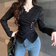 Bxoxo Lace V Neck Slim Shirt for Women Y2K Autumn Chic Crochet All Match Crop Tops Korean Elegant Office Ladies Thick Folds Blouse New