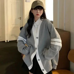 Bxoxo Varsity Cardigan Sweater for Women Long Sleeve V-Neck Button-up Knit Slouchy Cardi Korean School-girl Preppy Fall Winter Outfit