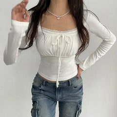 BXOXO Korean White Lace Patched Female T-shirt Slim Basic Sweet Folds Autumn Tee Cute Top Coquette Clothes Front Tie-Up Y2K